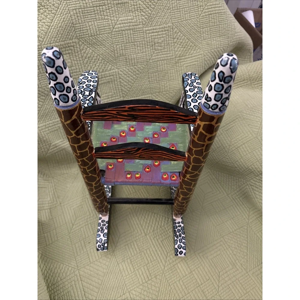 Hand Painted Folk Art Doll Rocking Chair Animal Print Miniature 16
